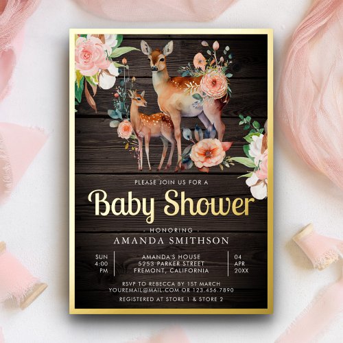 Mommy Baby Floral Deer Wood Baby Shower Gold Foil Invitation