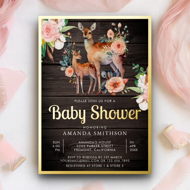 Mommy Baby Floral Deer Wood Baby Shower Gold Foil Invitation (Creator Uploaded)