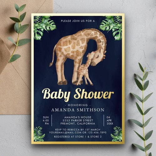 Mommy Baby Giraffe Safari Navy Baby Shower Gold Foil Invitation
