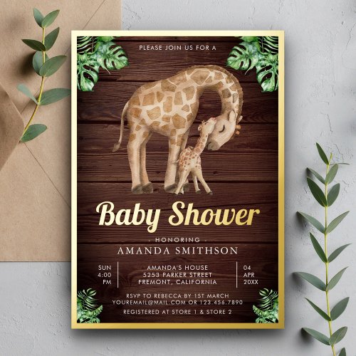 Mommy Baby Giraffe Safari Wood Baby Shower Gold Foil Invitation