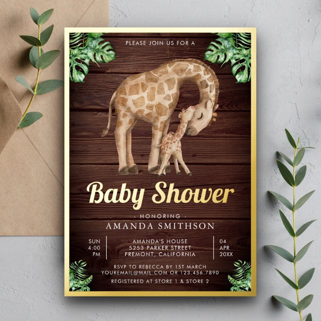 Mommy Baby Giraffe Safari Wood Baby Shower Gold Foil Invitation (Creator Uploaded)