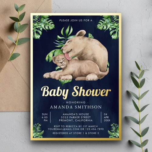 Mommy Baby Lion Cub Jungle Navy Baby Shower Gold Foil Invitation