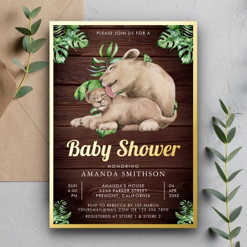 Mommy Baby Lion Cub Jungle Wood Baby Shower Gold Foil Invitation
