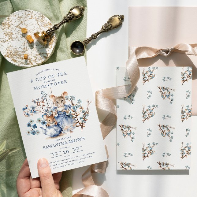 Mommy & Baby Mouse Blue Wildflowers Baby Shower Invitation (Creator Uploaded)