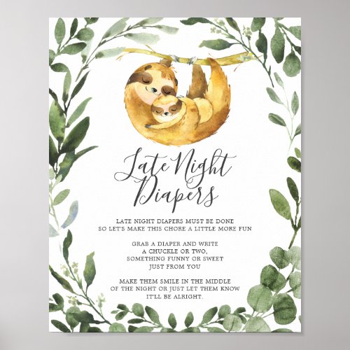 Mommy Baby Sloth Baby Shower Late Night Diapers Poster