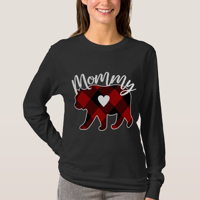 Mommy Bear Christmas Buffalo Plaid Red White And B T-Shirt (Front)