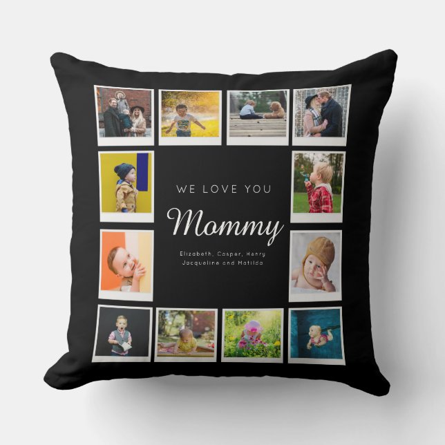 Mommy Birthday Photo Collage Template Black Throw Pillow (Front)