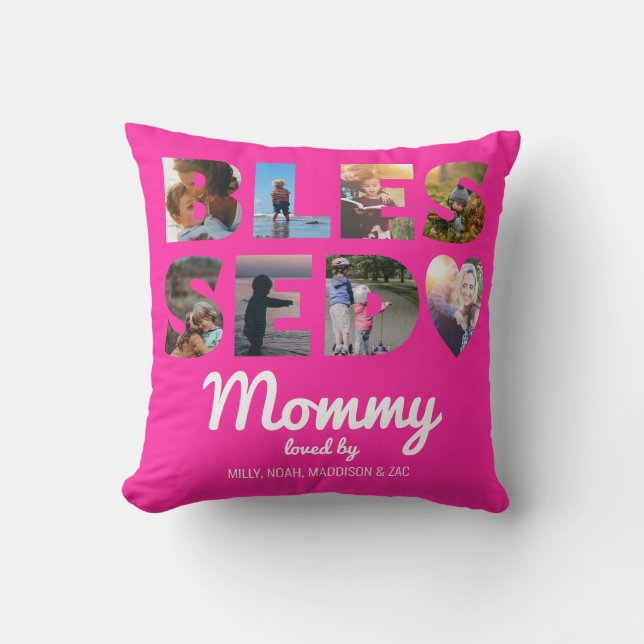 Mommy Blessed Photo Collage Personalized Hot Pink Throw Pillow (Front)