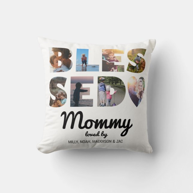 Mommy Blessed Photo Collage Personalized Throw Pillow (Front)