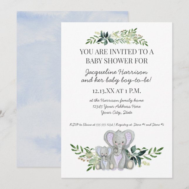 Mommy Boy Baby Elephant Foliage Pastel Blue Shower Invitation (Front/Back)