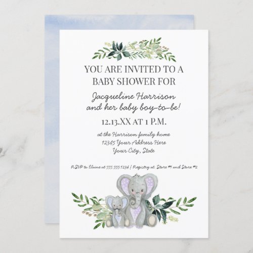 Mommy Boy Baby Elephant Foliage Pastel Blue Shower Invitation