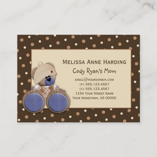 Mommy Calling Card Blue Brown Teddy Bear (Front)