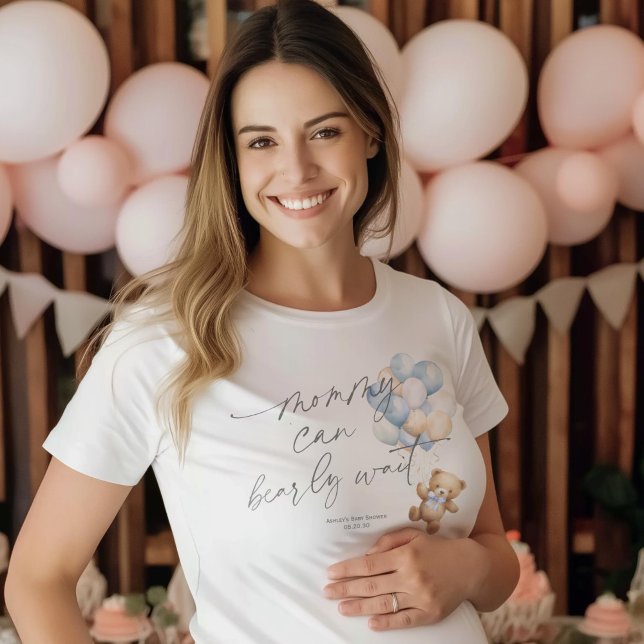 Mommy Can Bearly Wait, Blue Baby Boy Shower T-Shirt (Blue, Mommy can bearly wait, Baby Blue shower mom-to-be t-shirt)