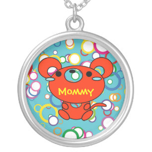 Mommy Cartoon Kitty on Colored Circles Necklace