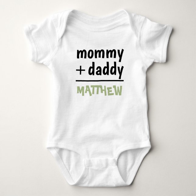 Mommy Daddy Baby Boy Name Green Text Baby Shower Bodysuit (Front)