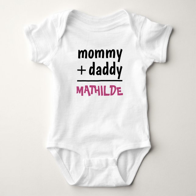 Mommy Daddy Baby Girl Name Pink Text Baby Shower Bodysuit (Front)