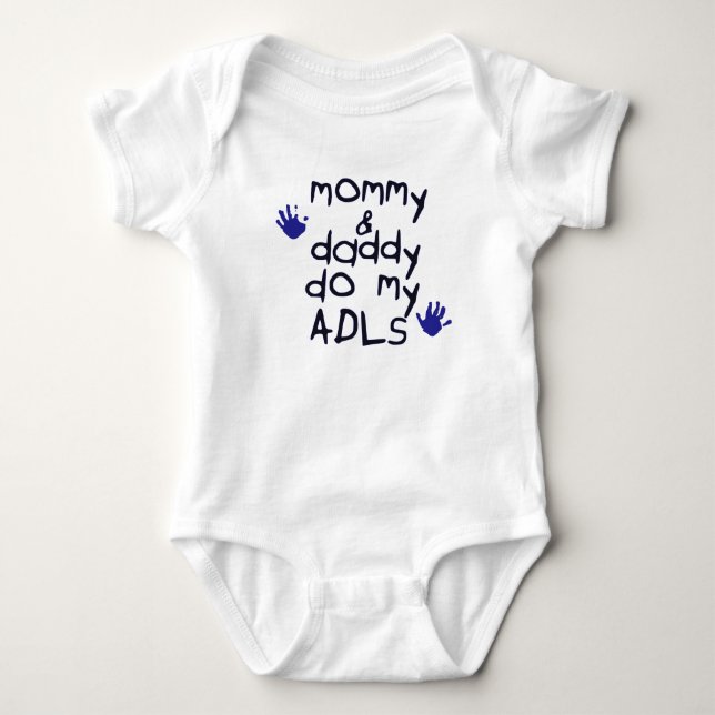 Mommy & Daddy do my ADLs blue handprint OT baby Bodysuit (Front)