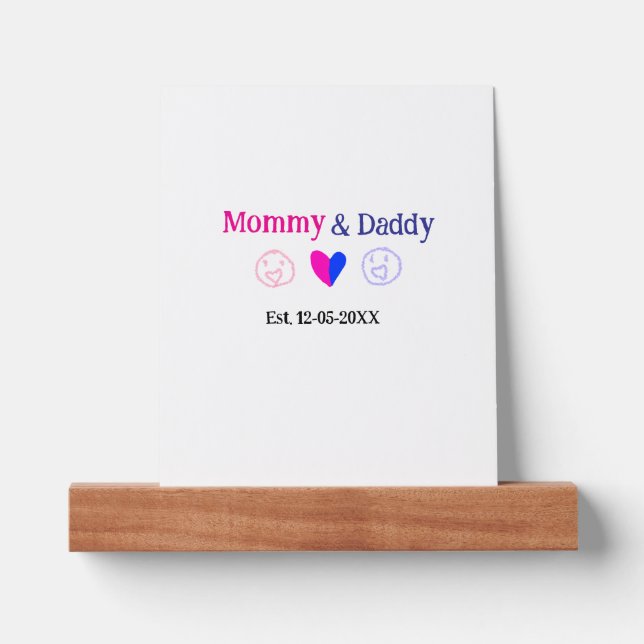Mommy & Daddy new parents add name date heart blue Picture Ledge (Front)