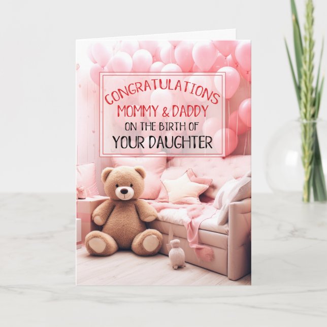 Mommy Daddy Pink New Baby Congratulations Card (Front)