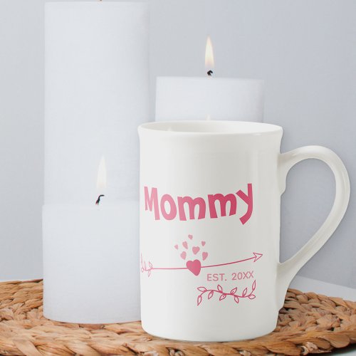 Mommy Est 20xx _ Hearts  Arrows in Two Tone Pink Bone China Mug