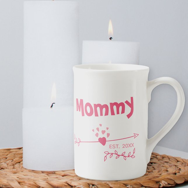 Mommy Est 20xx - Hearts & Arrows in Two Tone Pink Bone China Mug (Creator Uploaded)