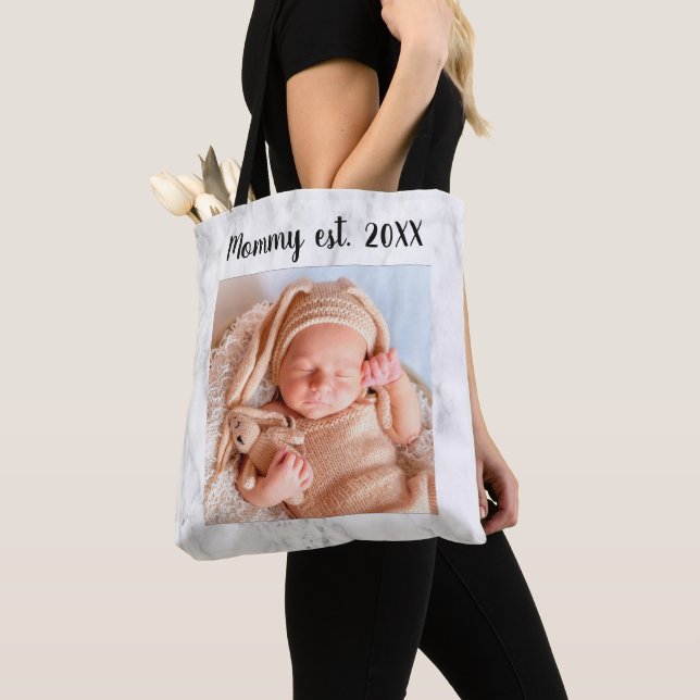 Mommy Est Year Marble Photo New Mother Gift Tote Bag (Close Up)
