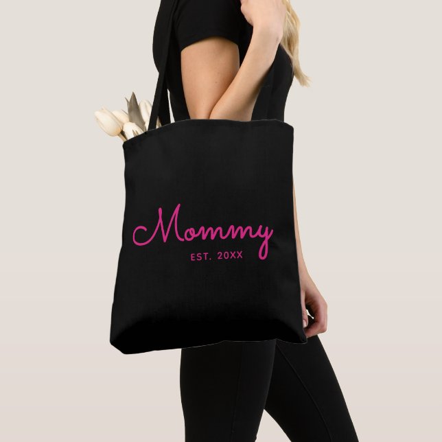 Mommy Established Bold Pink Script Typography Tote Bag (Close Up)