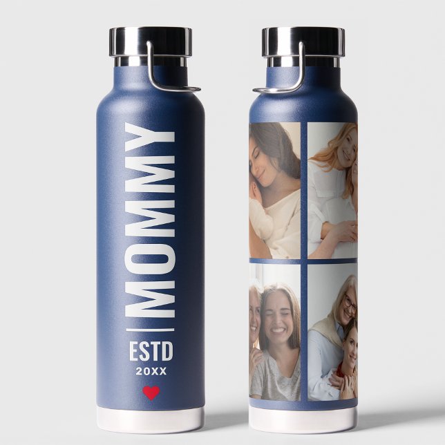  Mommy Established | Custom Date 4 Photo Trendy Water Bottle (Creator Uploaded)