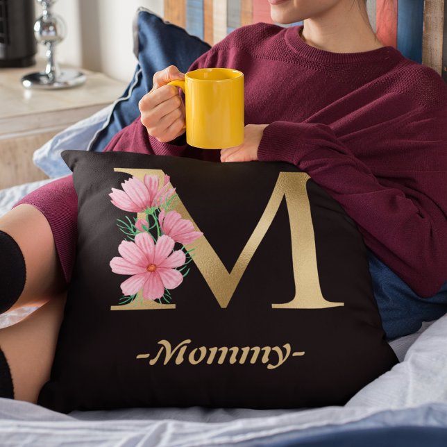 Mommy gold typography with flower black  throw pillow (Mommy gold typography with flower black throw pillow)