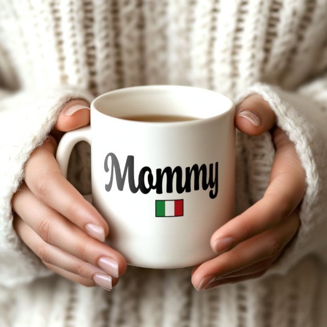 Mommy Italian Flag Mug (Woman's Hands Holding a white mug that says Mommy with an Italian flag icon. Baby shower gift.)