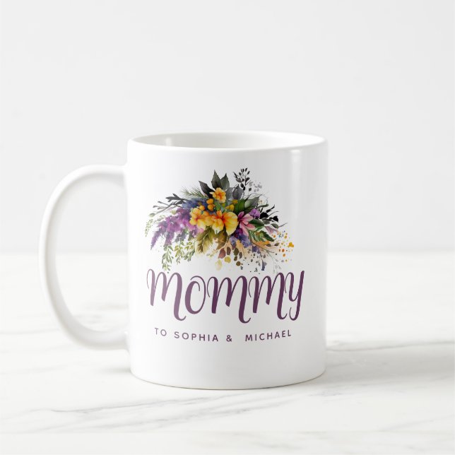 Mommy  Kids Names Floral Mother's Day Coffee Mug (Left)