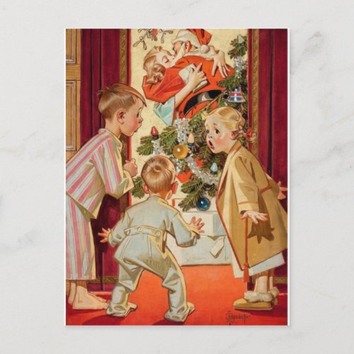Mommy Kissing Santa Claus Vintage Christmas Scene Holiday Postcard