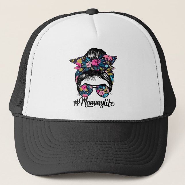 Mommy Life Messy Hair Bun Floral Women Mother Trucker Hat (Front)