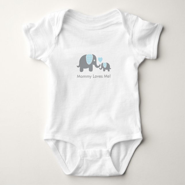 Mommy Loves Me Elephants in Blue and Gray Baby Bodysuit (Front)