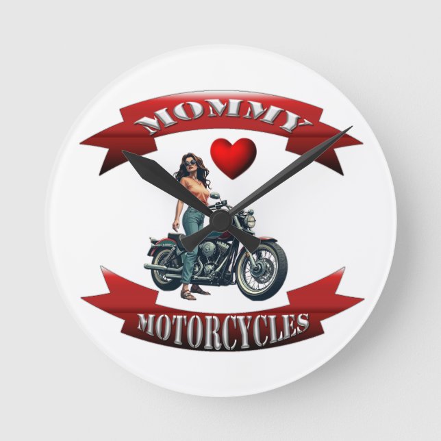 Mommy Loves Motorcycles Round Clock (Front)