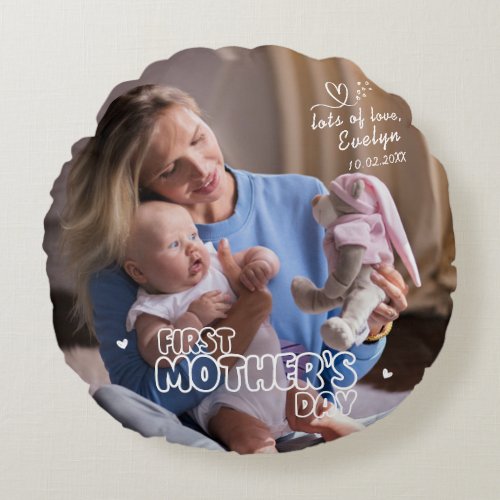 Mommy  Me First Mothers Day Photo with Name Round Pillow