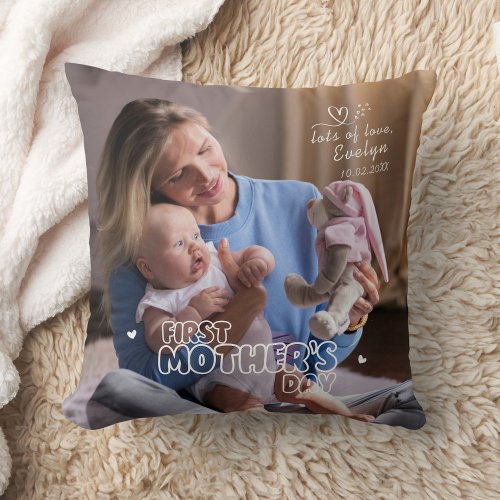 Mommy  Me First Mothers Day Photo with Name Throw Pillow