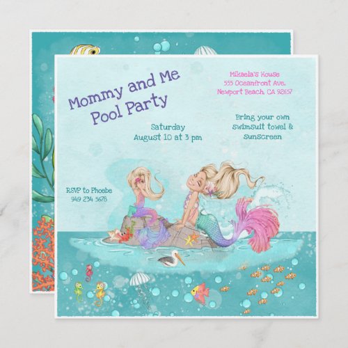 Mommy  Me Pool Girly Blonde Mermaid Invitation