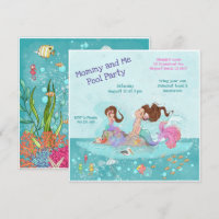 Mommy & Me Pool Girly Brunette Mermaids Invitation
