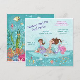 Mommy & Me Pool Girly Brunette Mermaids Invitation