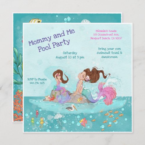Mommy  Me Pool Girly Brunette Mermaids Invitation