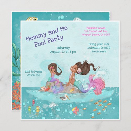 Mommy  Me Pool Girly Turquoise Pink Mermaids Invitation