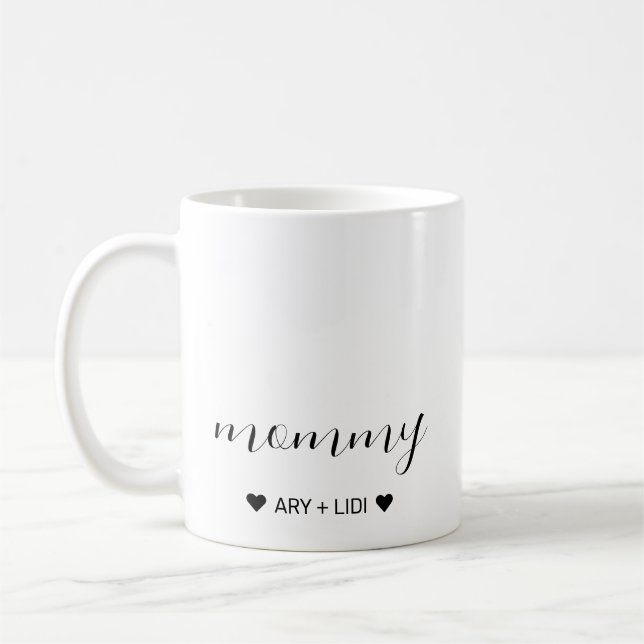 Mommy Modern Chic Script Kids Names Mothers Day Coffee Mug (Left)