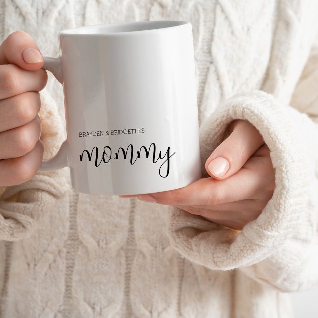Mommy Modern Chic Script Kids Names Mothers Day Coffee Mug (Cute Minimal Kids Names Mommy Mug for Mother's Day, Birthday Gift for Mom or New Mom Gift)