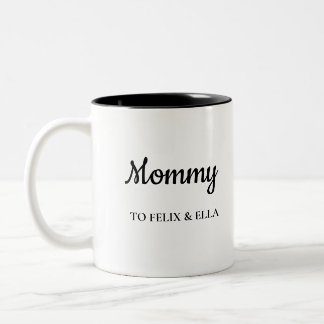Mommy | Modern Mother's Day Kids Names Two-Tone Coffee Mug (Left)