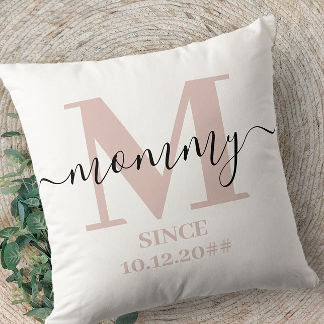 Mommy Monogram Elegant Script Subtle Pink Throw Pillow (Creator Uploaded)