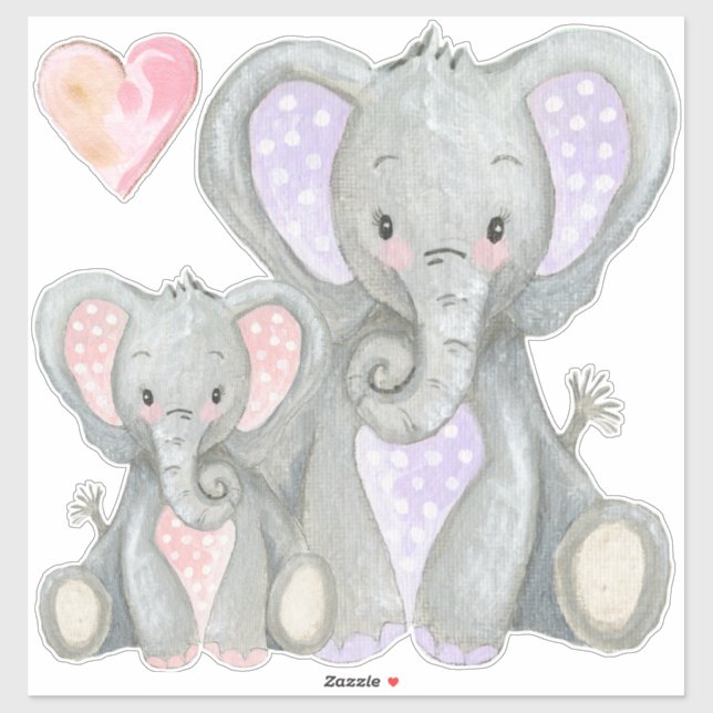 Mommy n Baby Adorable Pink Heart Lavender Elephant Sticker (Sheet)