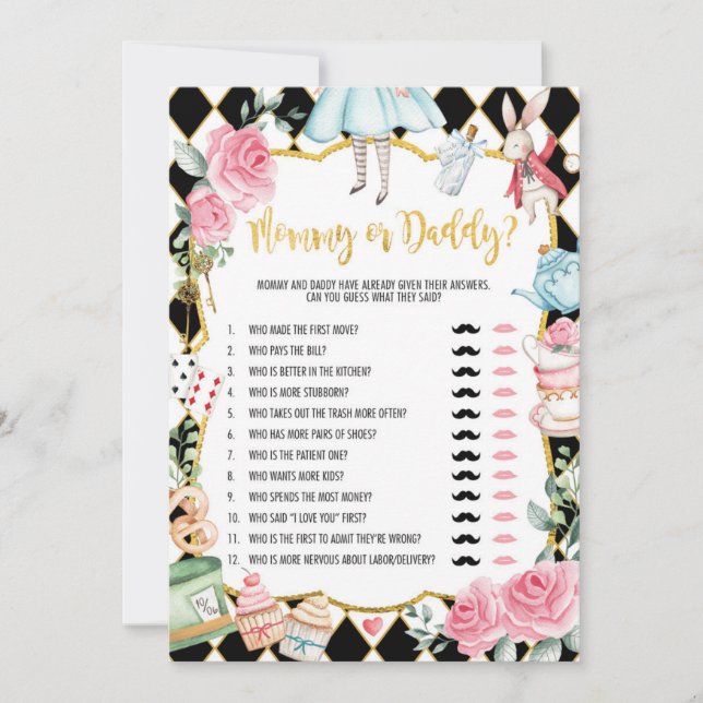 Mommy or Daddy | Alice in Wonder Baby Shower Game Invitation (Front)