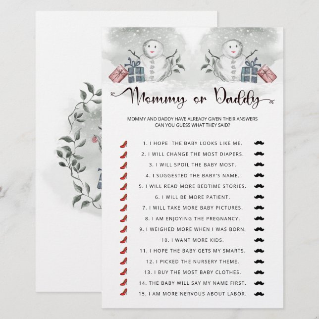 Mommy or daddy baby shower baby game (Front/Back)