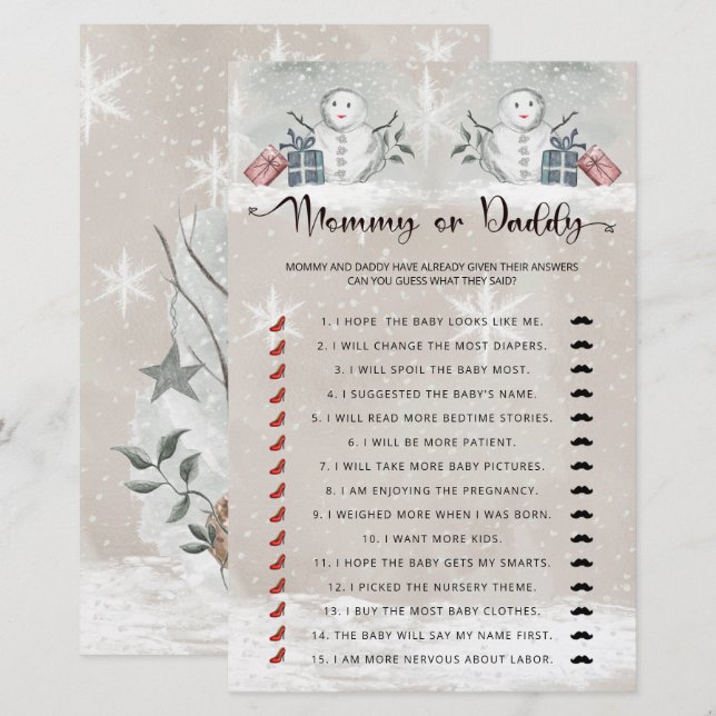 Mommy or daddy baby shower baby game (Front/Back)